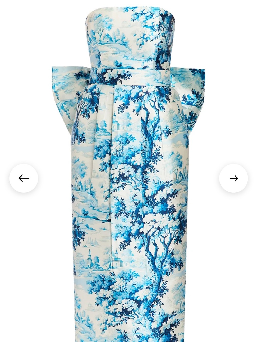 Strapless Blue Toile Midi Dress with Back Bow - Picture 2 of 10